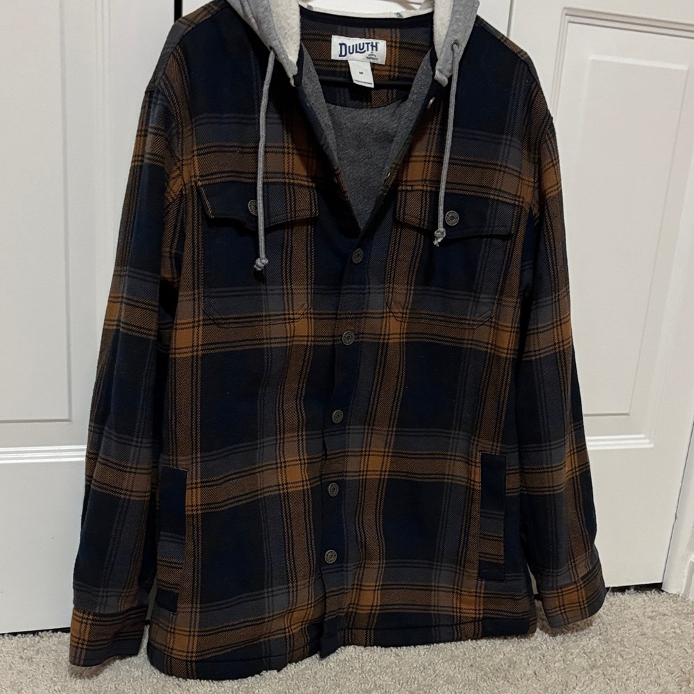 Duluth Trading Co Navy & Brown Plaid Hooded Flannel Shirt Jacket